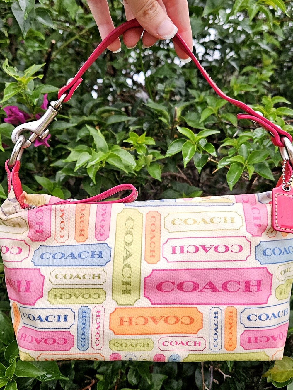 Coach Y2K Multicolor Tag Print Mini Shoulder Bag Pink Leather Trim